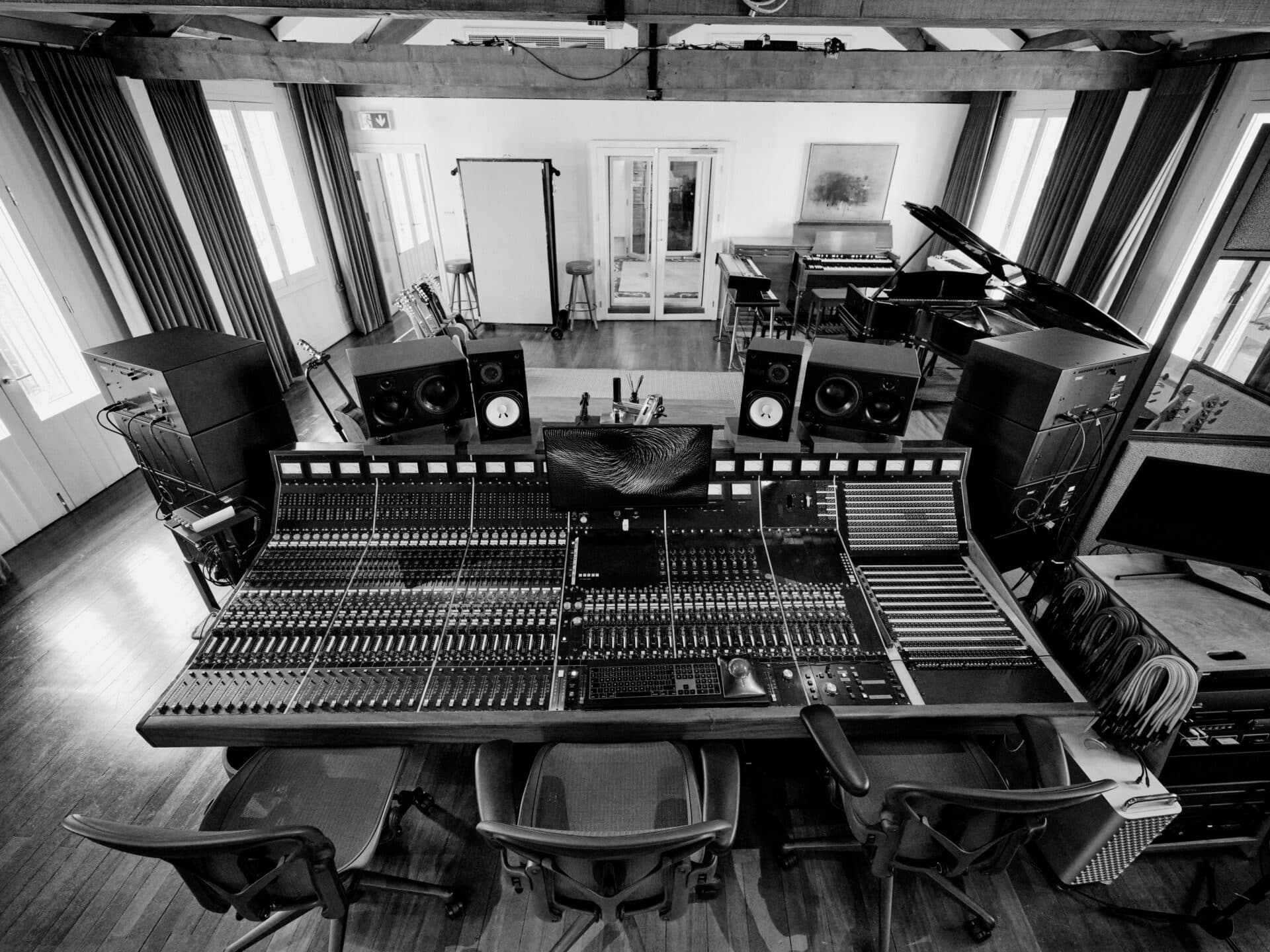 Studio A at 5dB Studios with a mixing console in a recording studio.